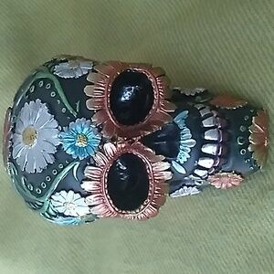 Black Day of The Dead Floral Blooms Sugar Skull Figurine